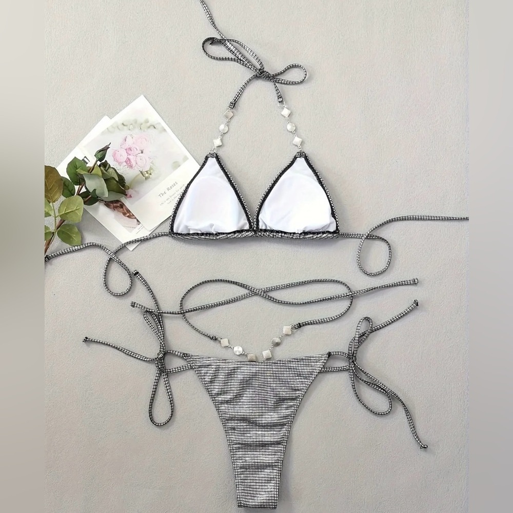 Silver Halter Rhinestone Studded Tie Sides Bikini Set - Picture 6 of 7